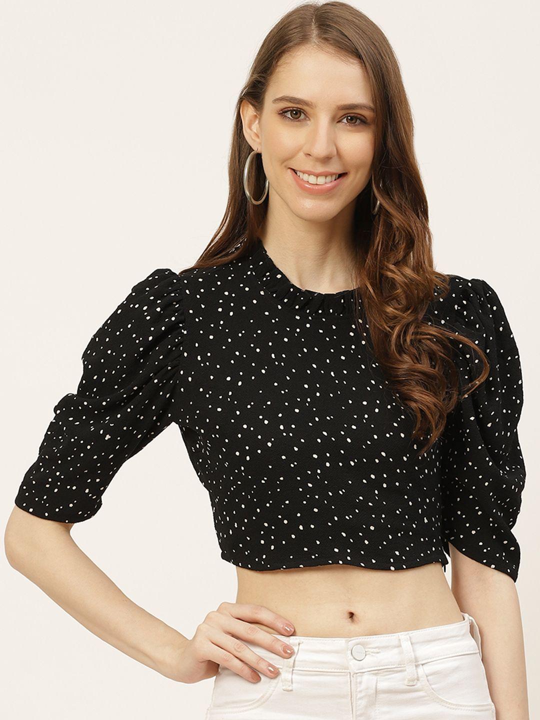 off label black & white puff sleeve crepe regular cropped top