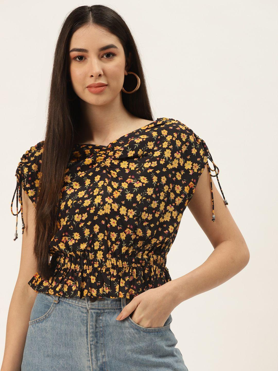 off label black & yellow floral print extended sleeves cinched waist crop top