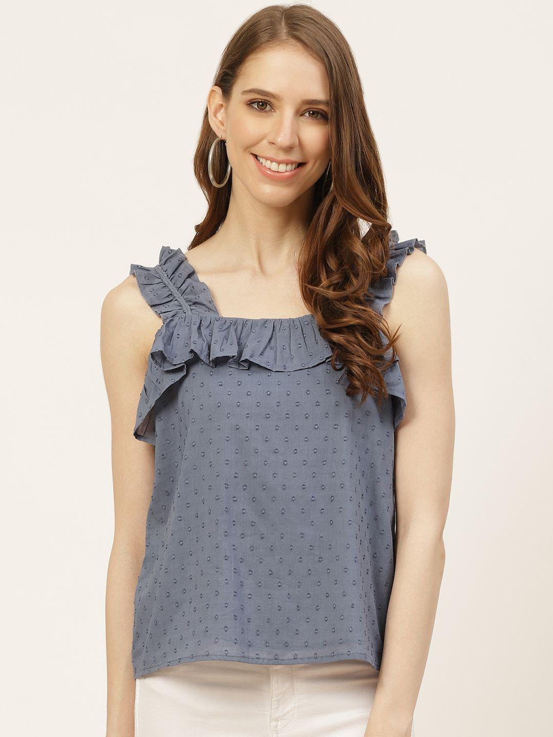 off label blue ruffles dobby weave pure cotton top