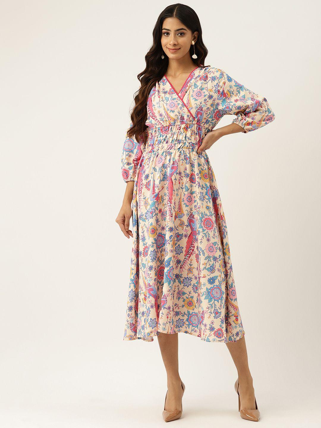 off label cream-coloured & pink ethnic motifs print fit & flare dress