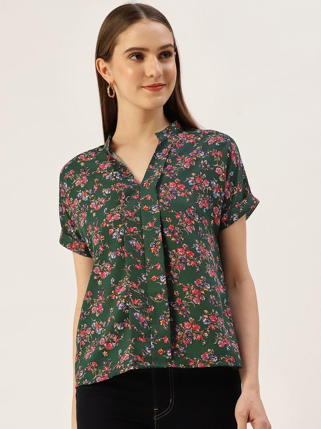 off label green floral print mandarin collar top