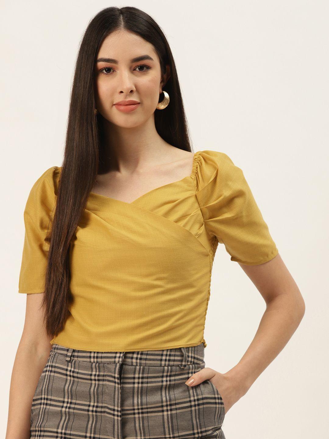 off label mustard yellow sweetheart neck smocked wrap crop top