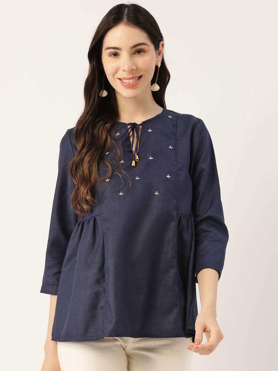 off label navy blue floral embroidered top