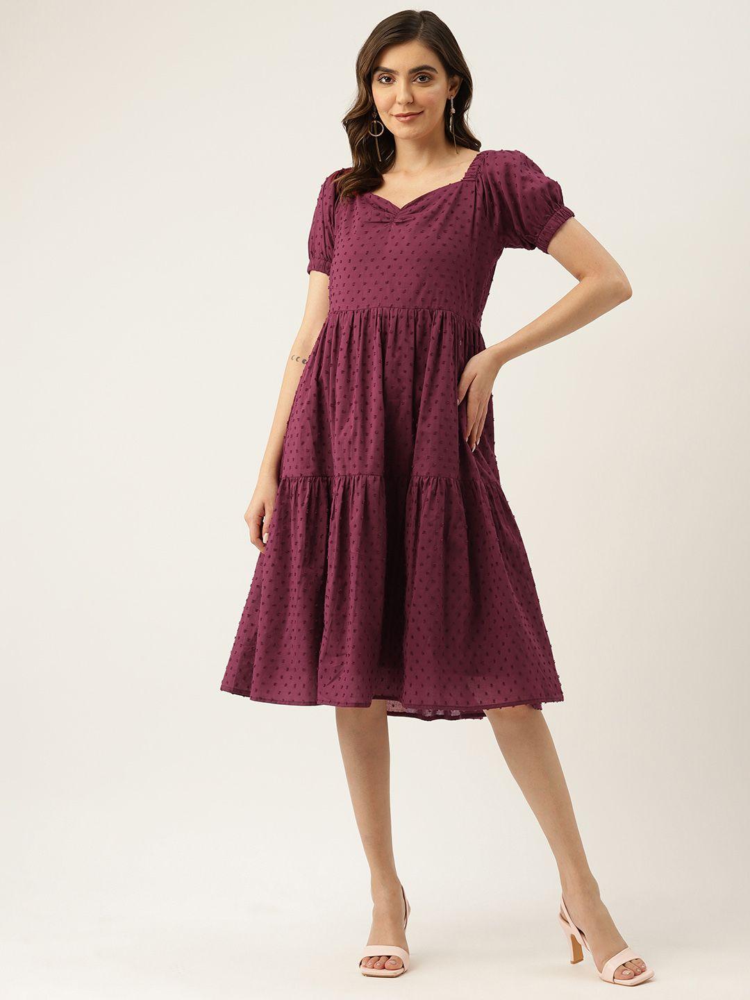 off label purple puff sleeve fit & flare dress