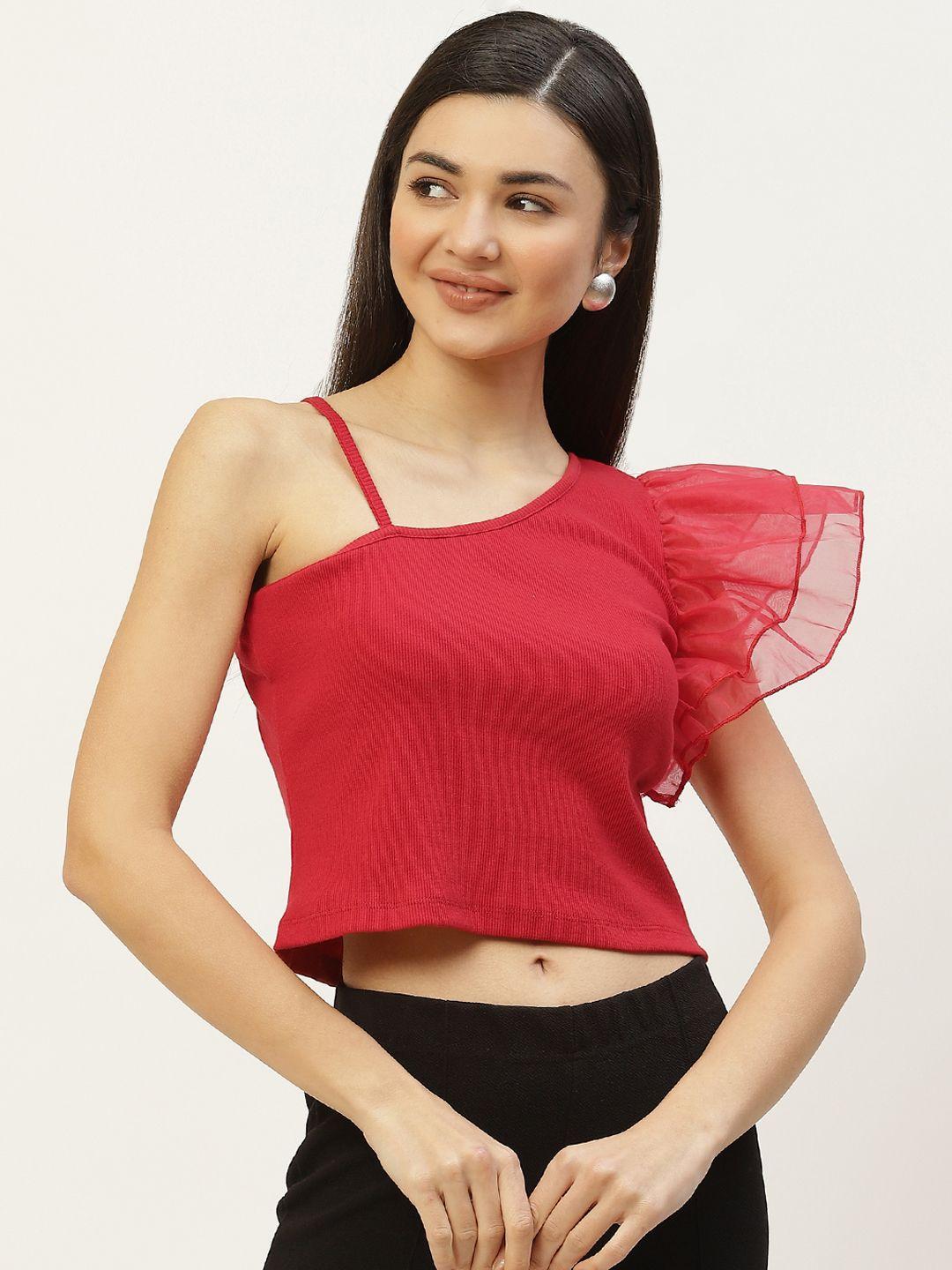 off label red one shoulder crop top