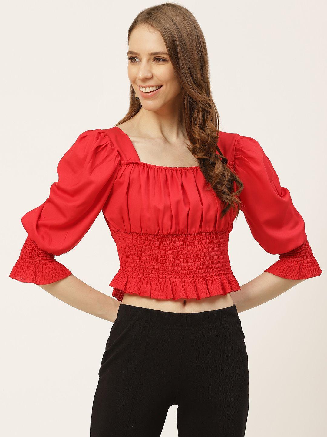 off label red puff sleeve smocked regular crop top