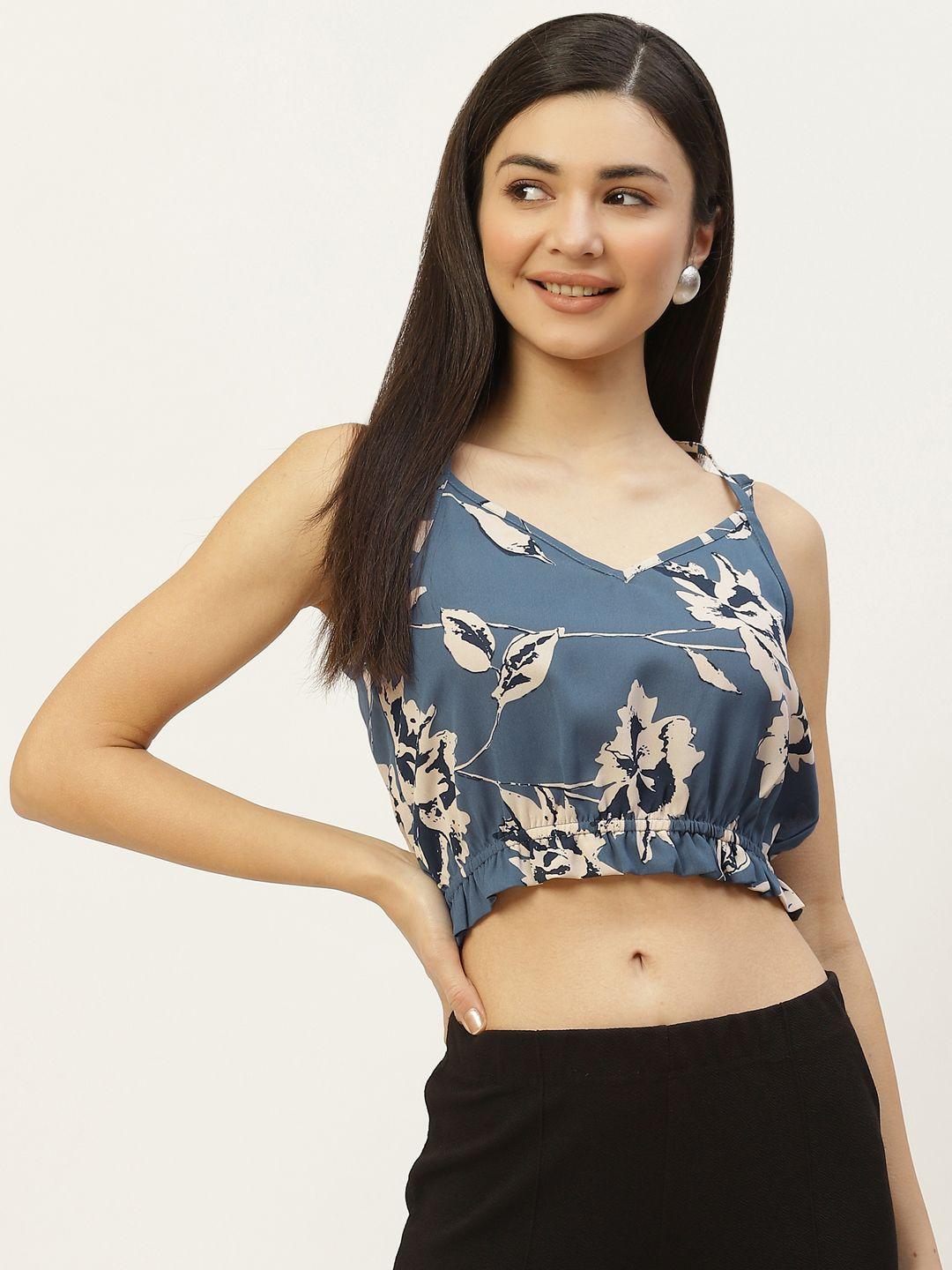 off label teal & beige floral print blouson crop top