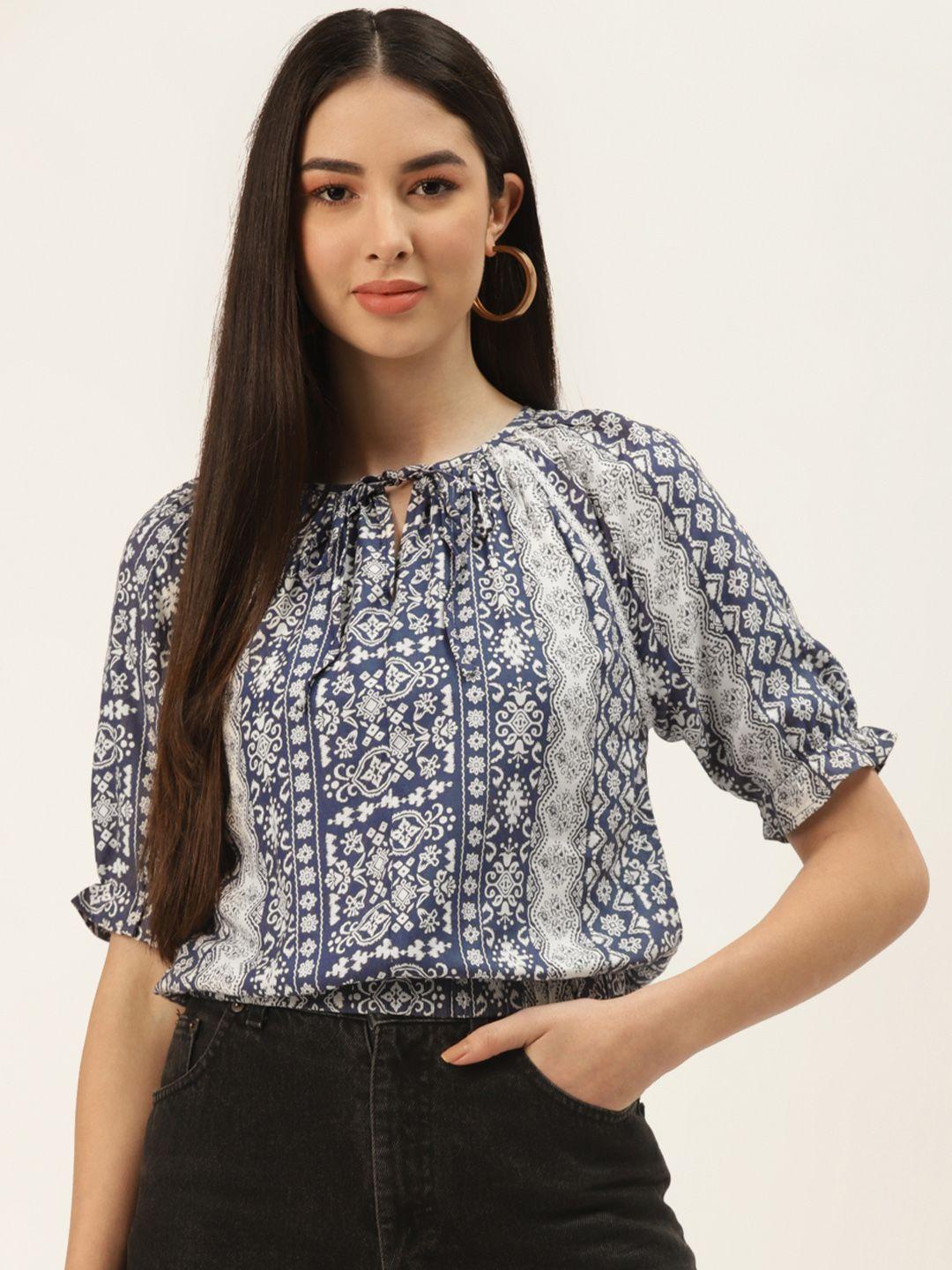 off label white & blue print tie-up neck blouson crop top