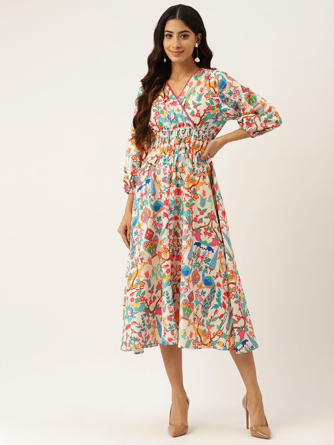 off label white & pink floral print fit & flare dress