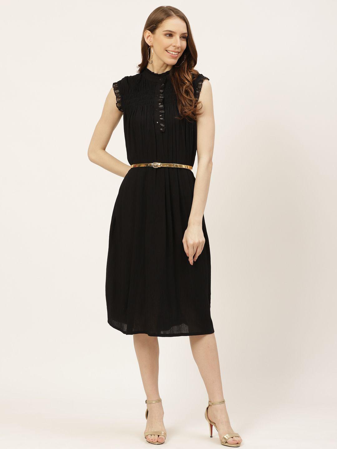 off label women black solid a-line midi dress