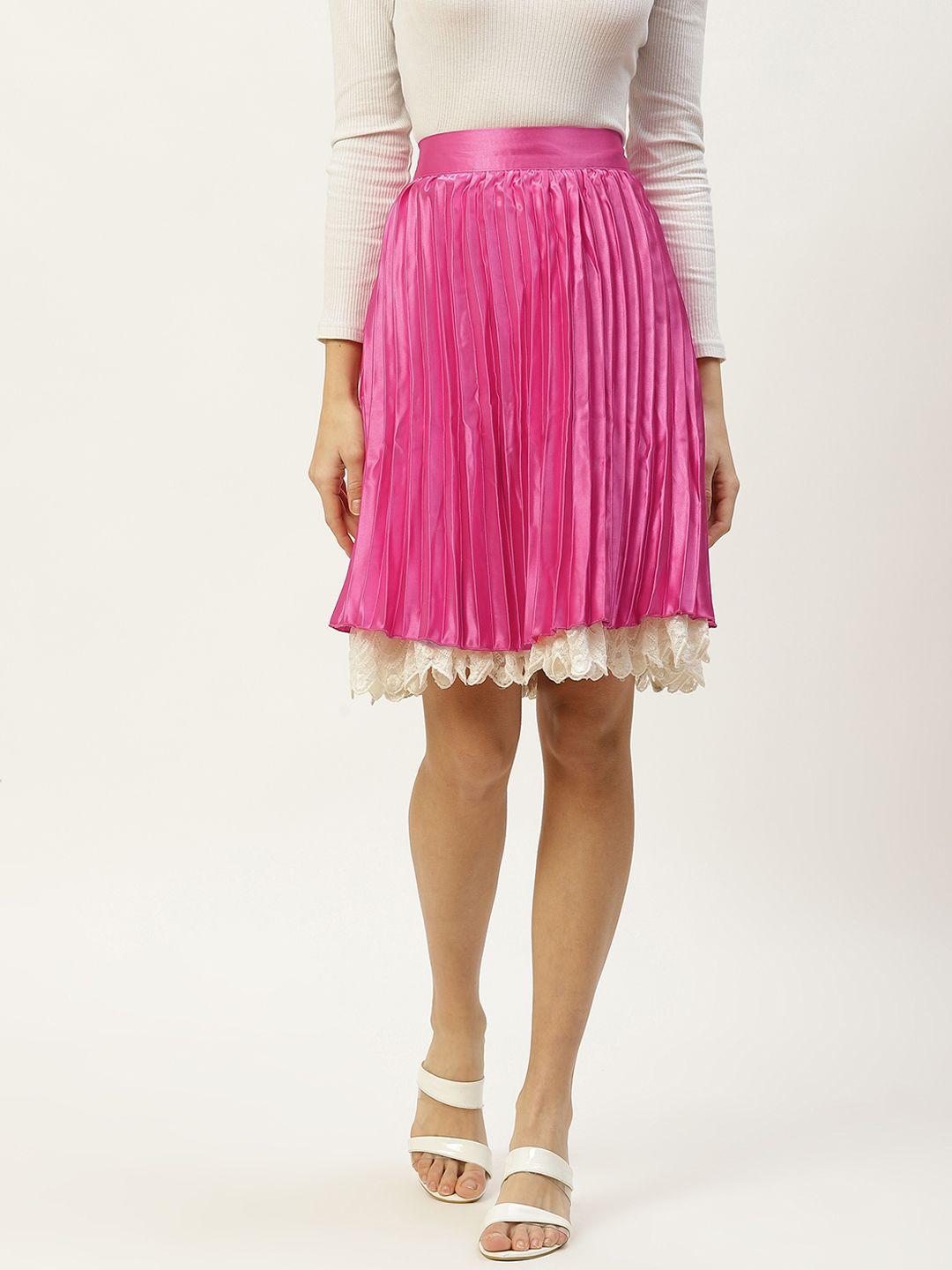 off label women fuchsia solid accordion pleated flared skirt with lace inserts