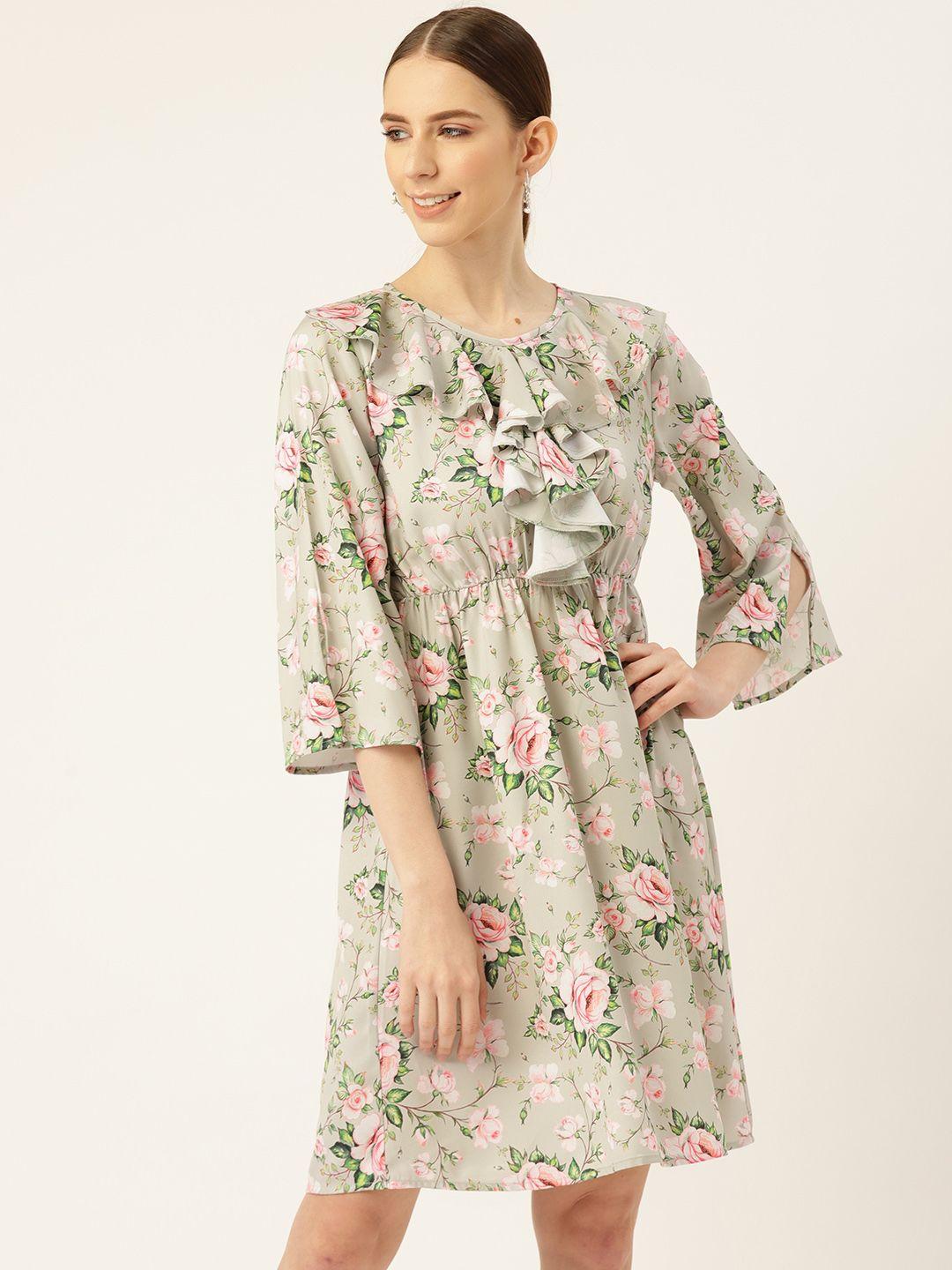 off label women green & pink floral printed fit and flare dress