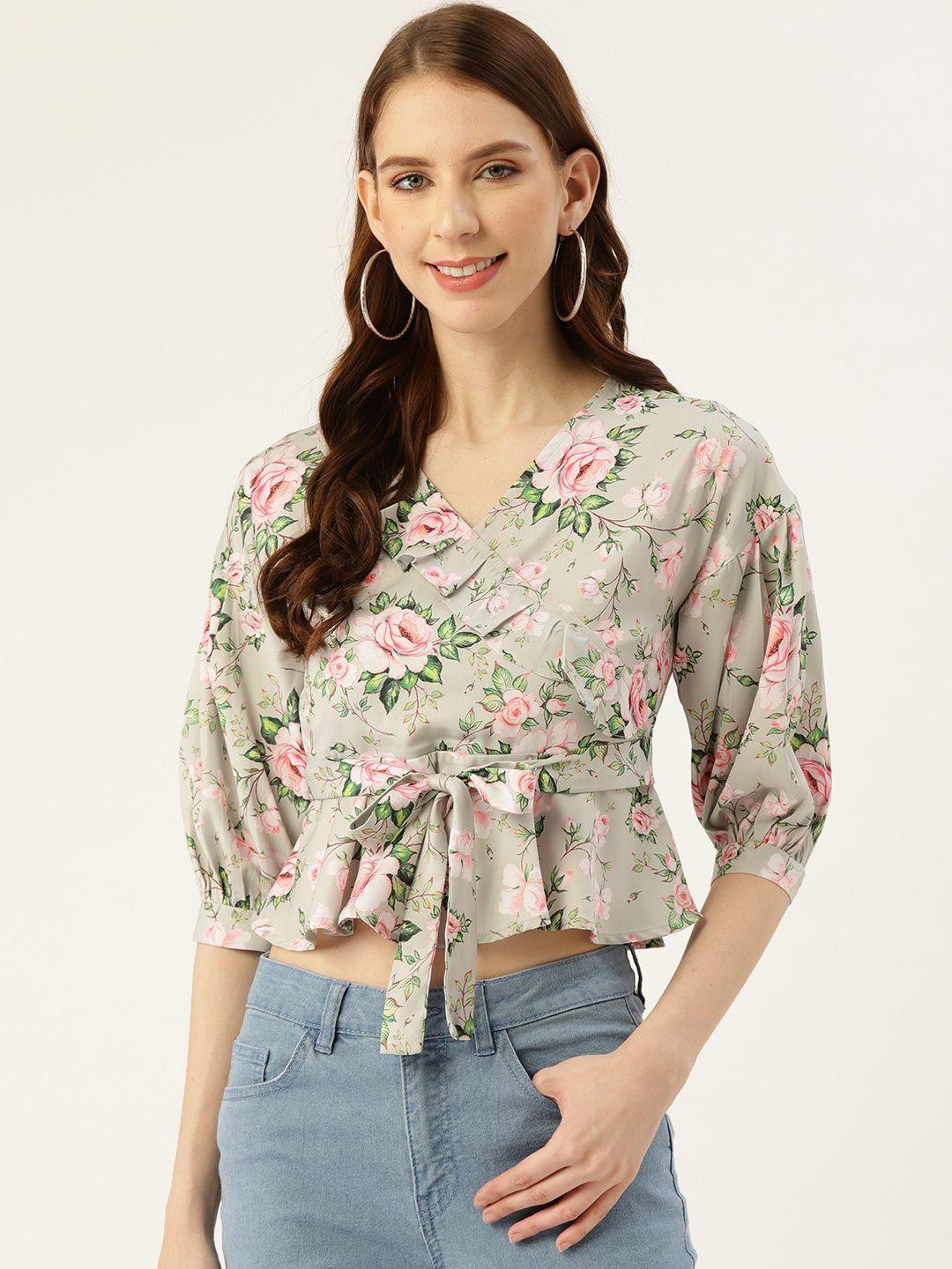 off label women green & pink floral printed wrap top