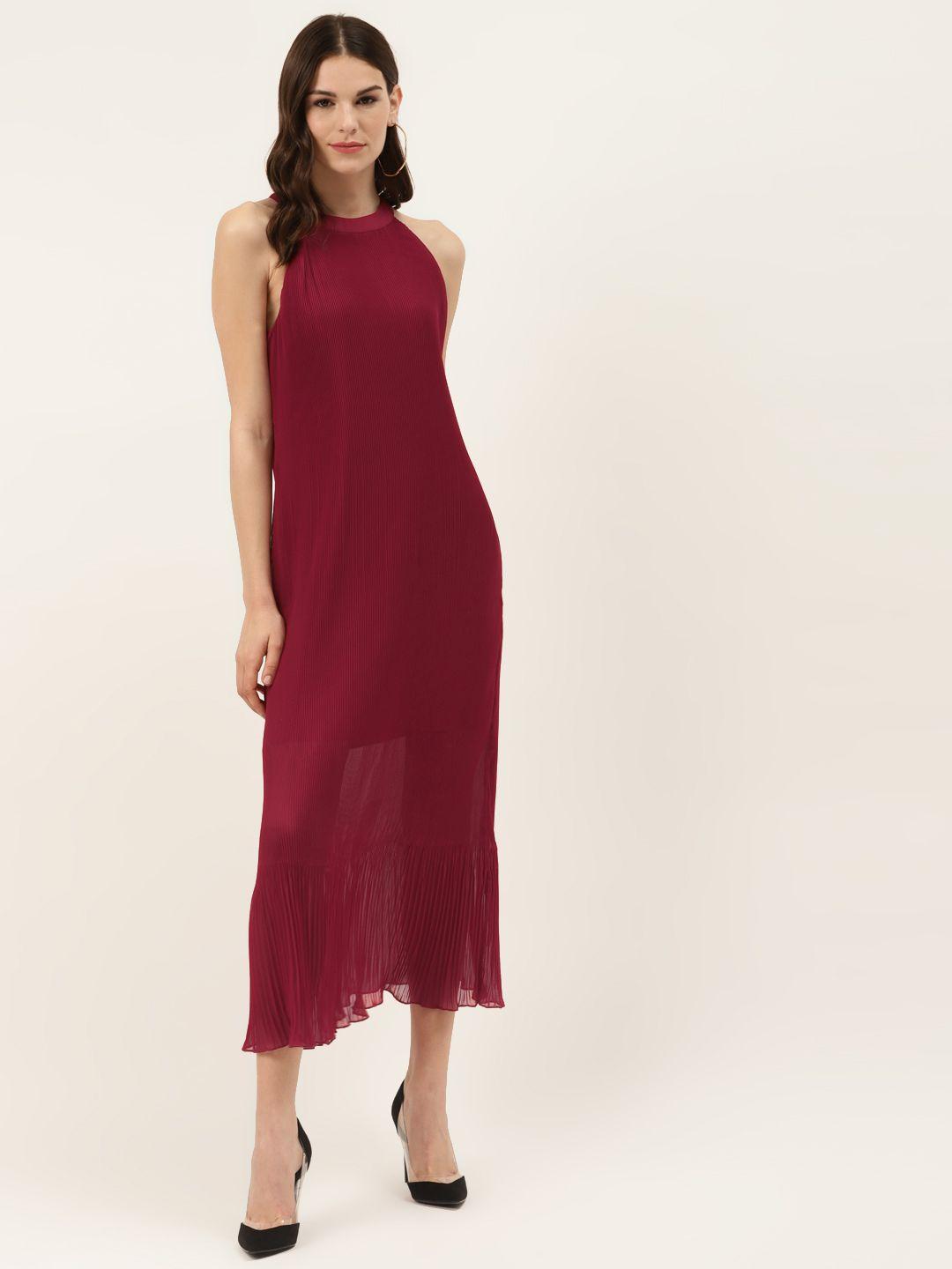 off label women maroon accordion pleated solid maxi dress