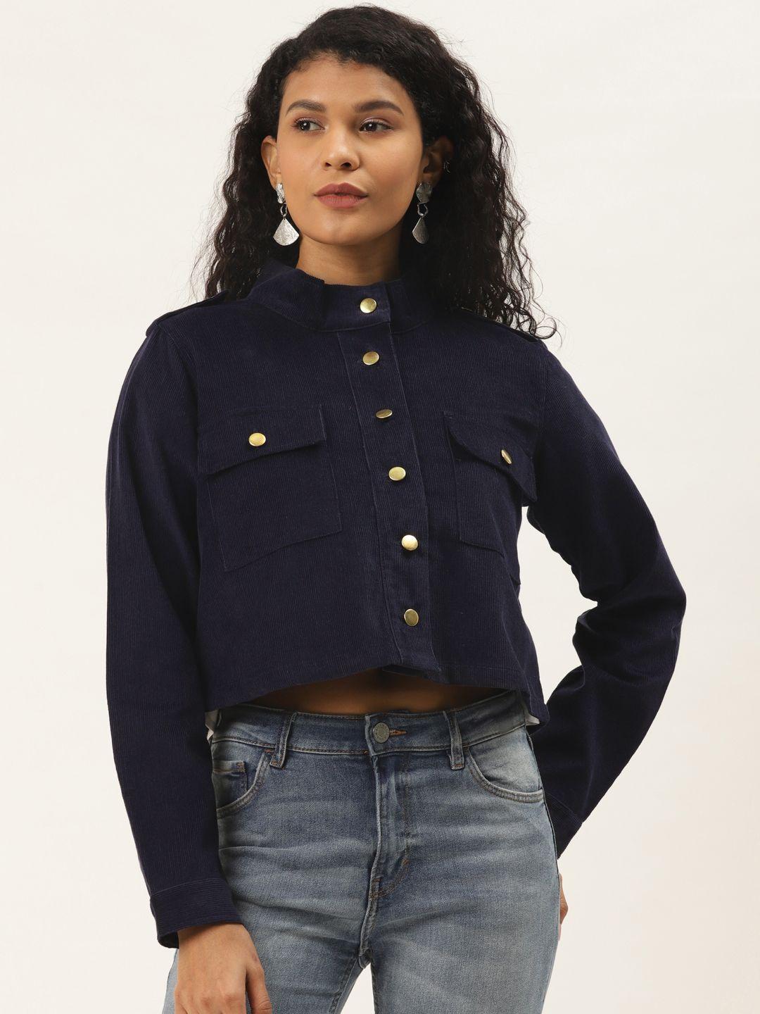 off label women navy blue corduroy pure cotton solid lightweight crop tailored jacket