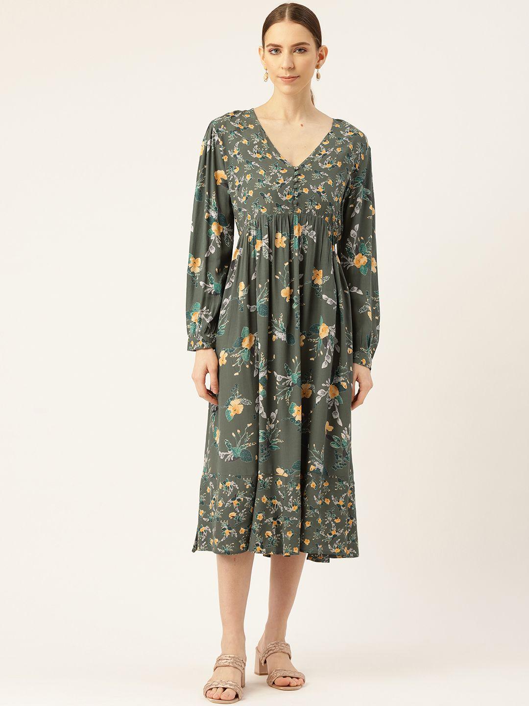 off label women olive green & yellow floral printed a-line dress