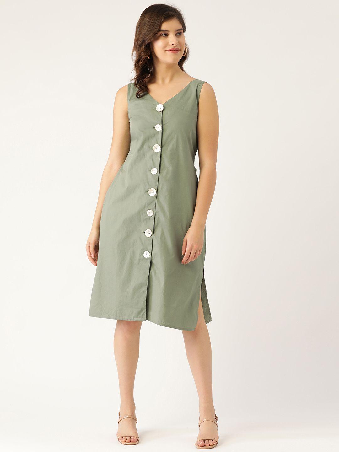 off label women olive green pure cotton solid a-line dress with belt