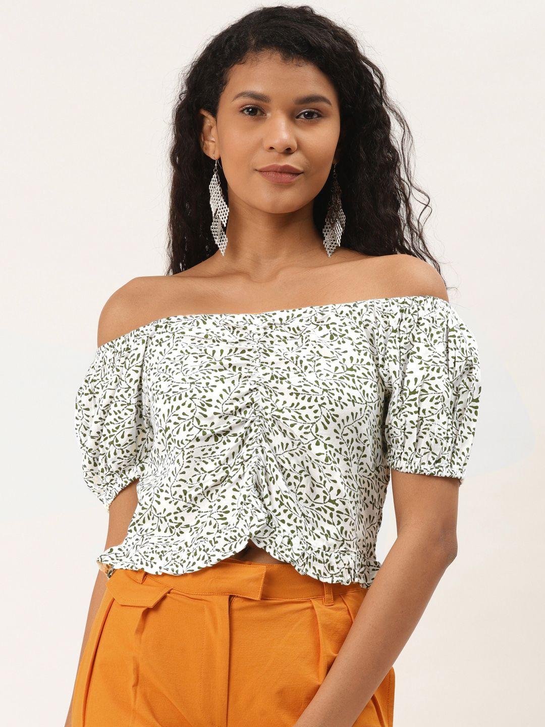 off label women white & olive green leaf printed off-shoulder cropped fitted top