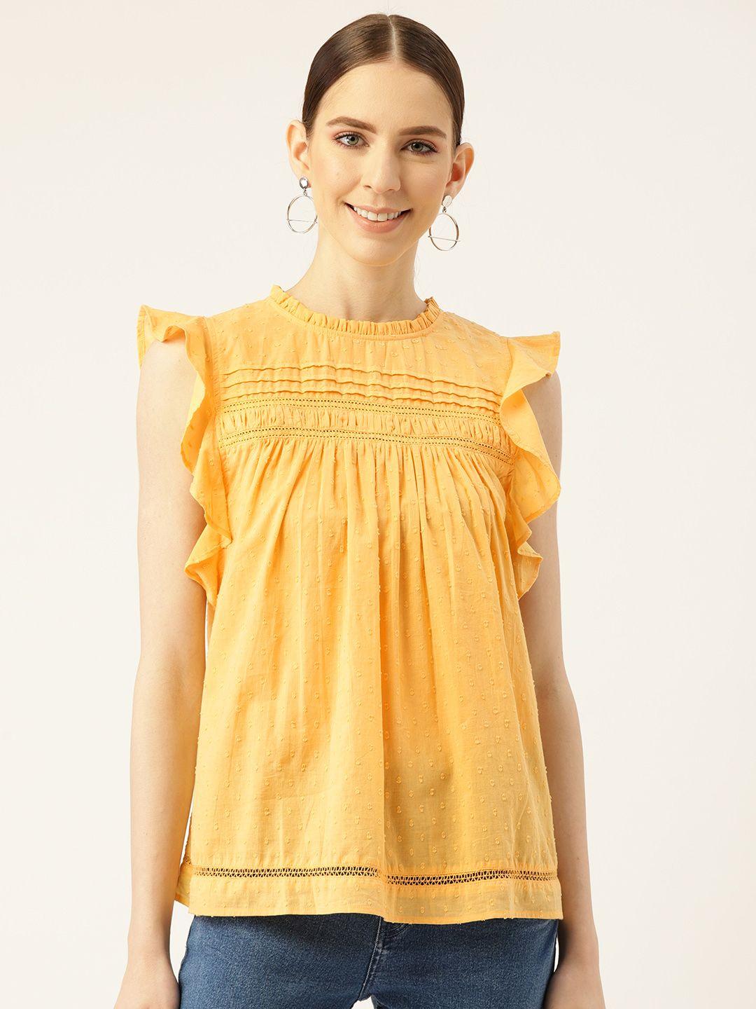 off label women yellow self design pure cotton top
