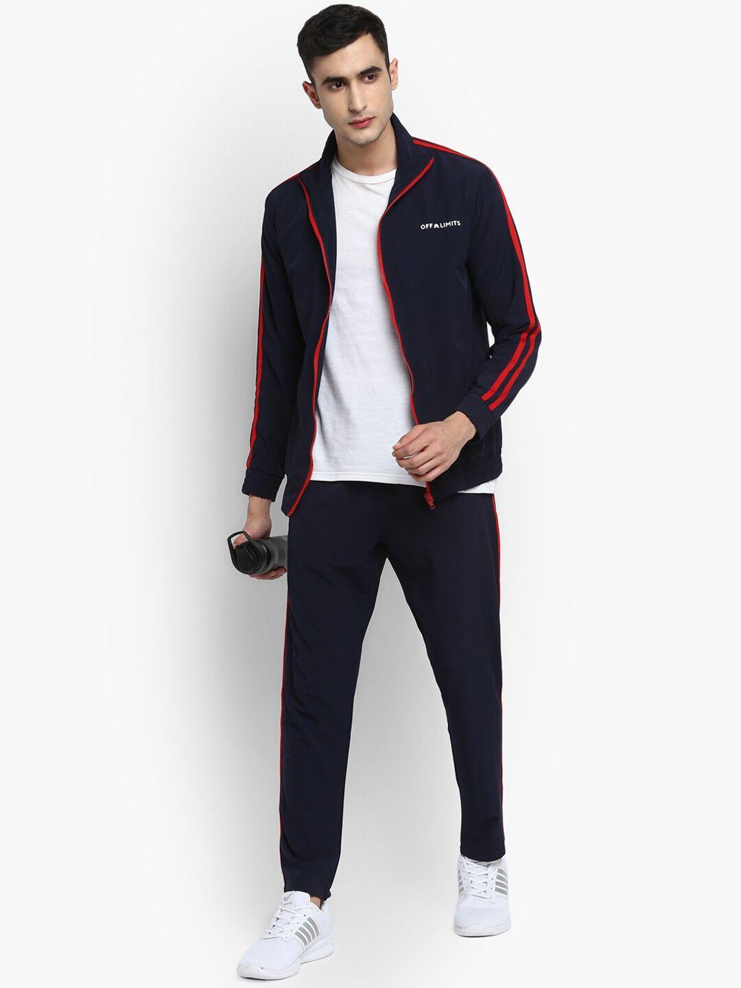 off limits men navy blue & red solid tracksuits