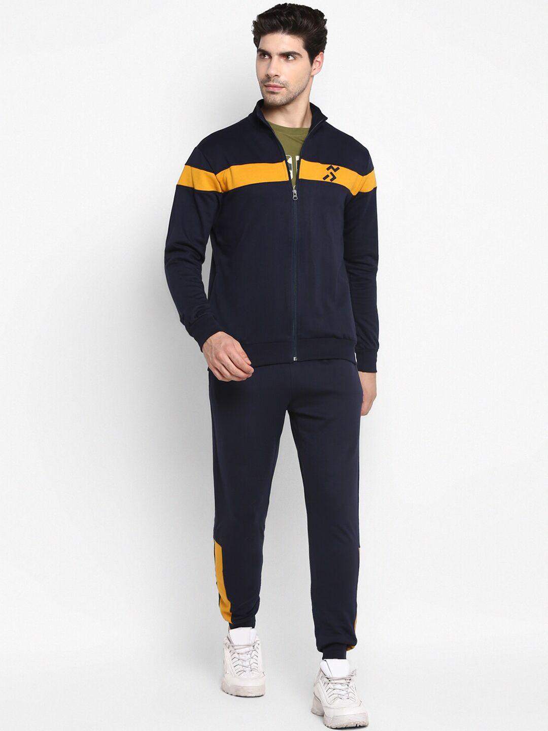 off limits men navy blue & yellow colourblocked regular-fit running tracksuit