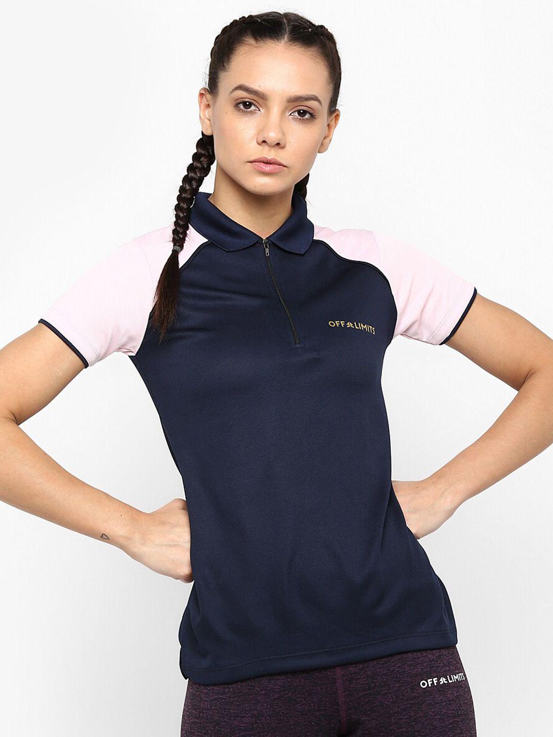 off limits women navy blue & pink colourblocked t-shirt