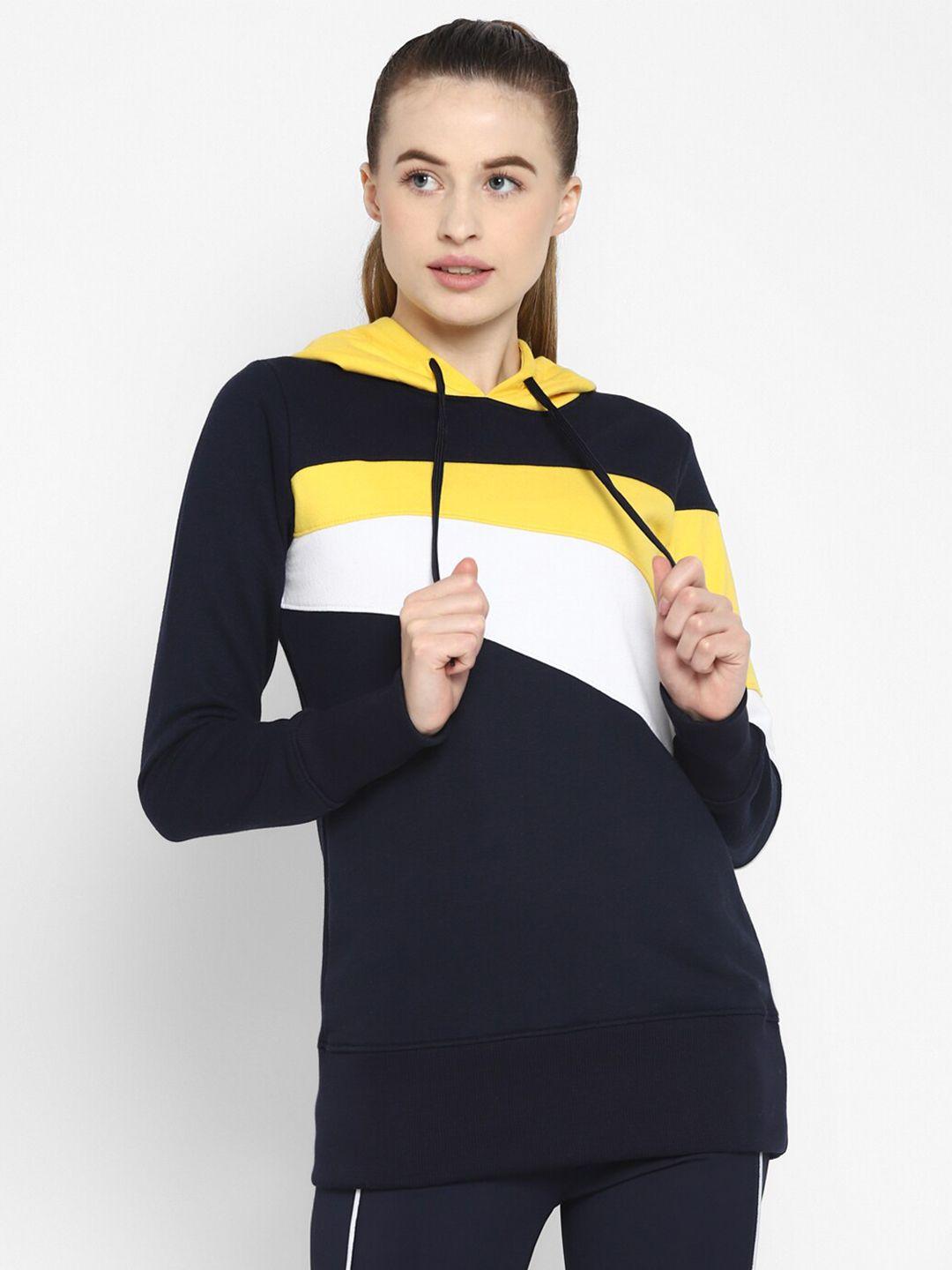 off limits women navy blue colourblocked cotton hooded sweatshirt