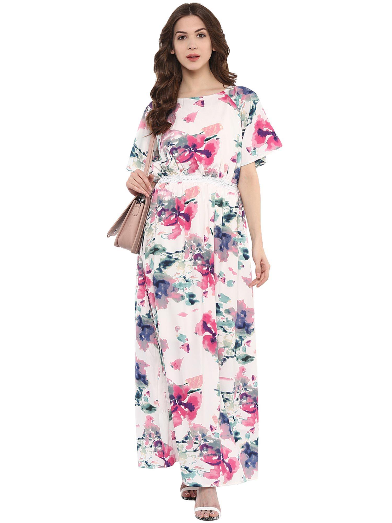 off multi-color round neck short sleeve maxi dress