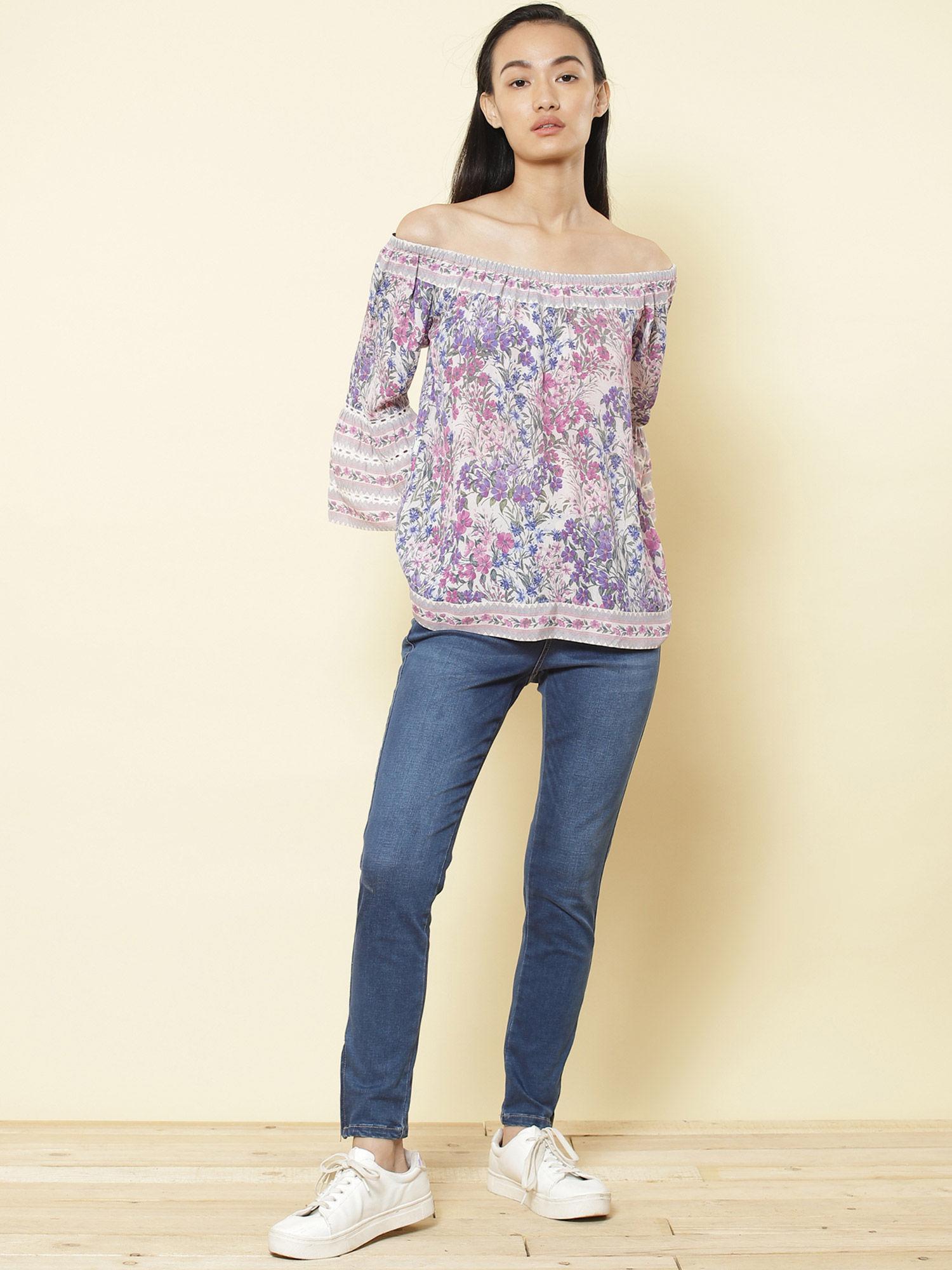 off shoulder 3/4th sleeves printed short top