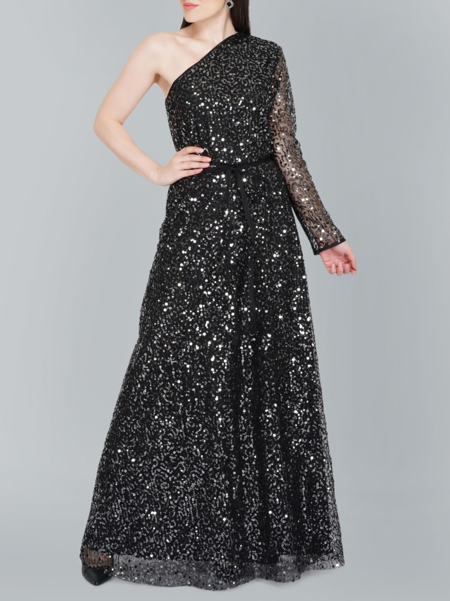 off shoulder black sequin gown