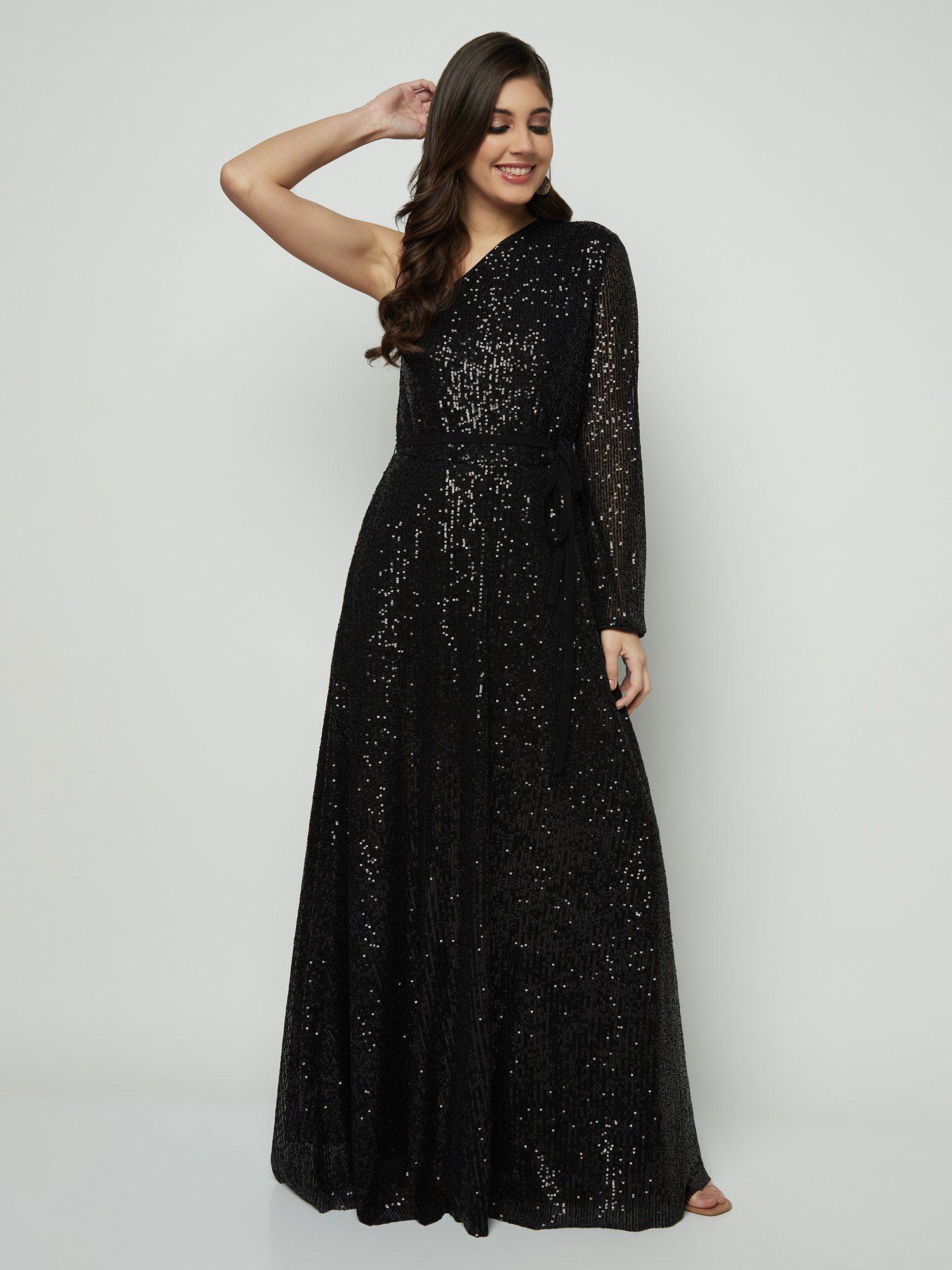 off shoulder black sequin gown