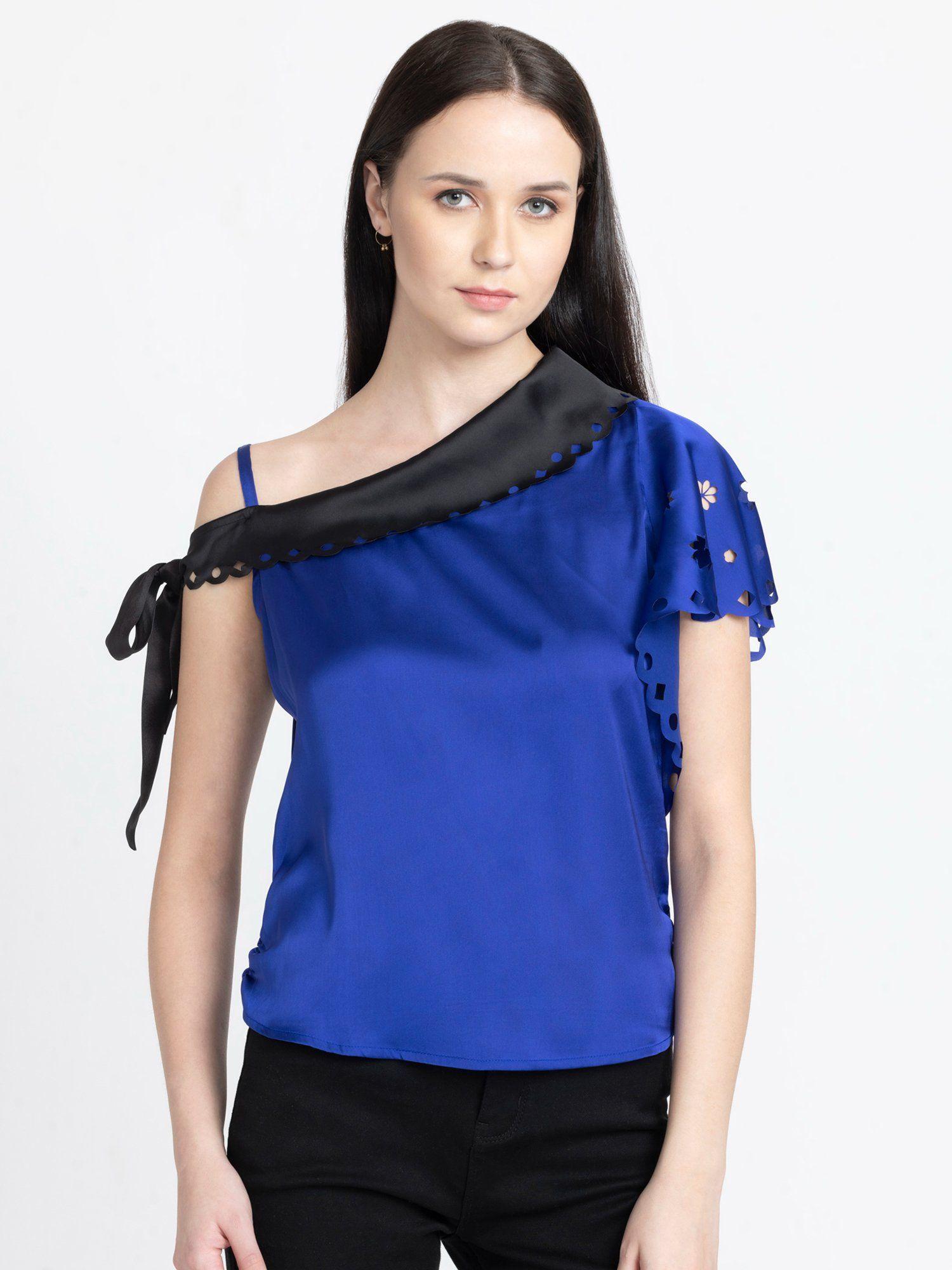 off-shoulder blue solid short sleeves casual tops for women