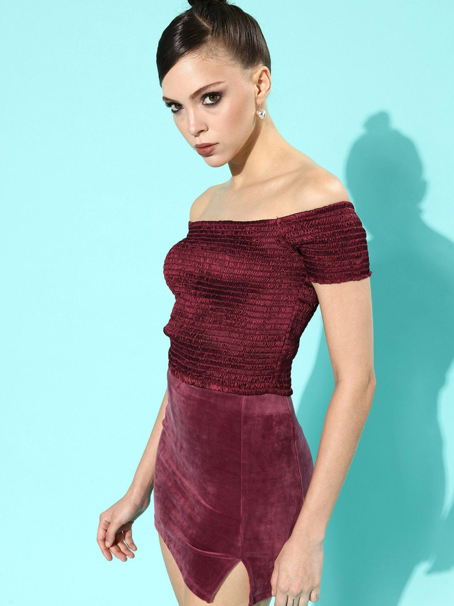 off shoulder burgundy smoking crop top