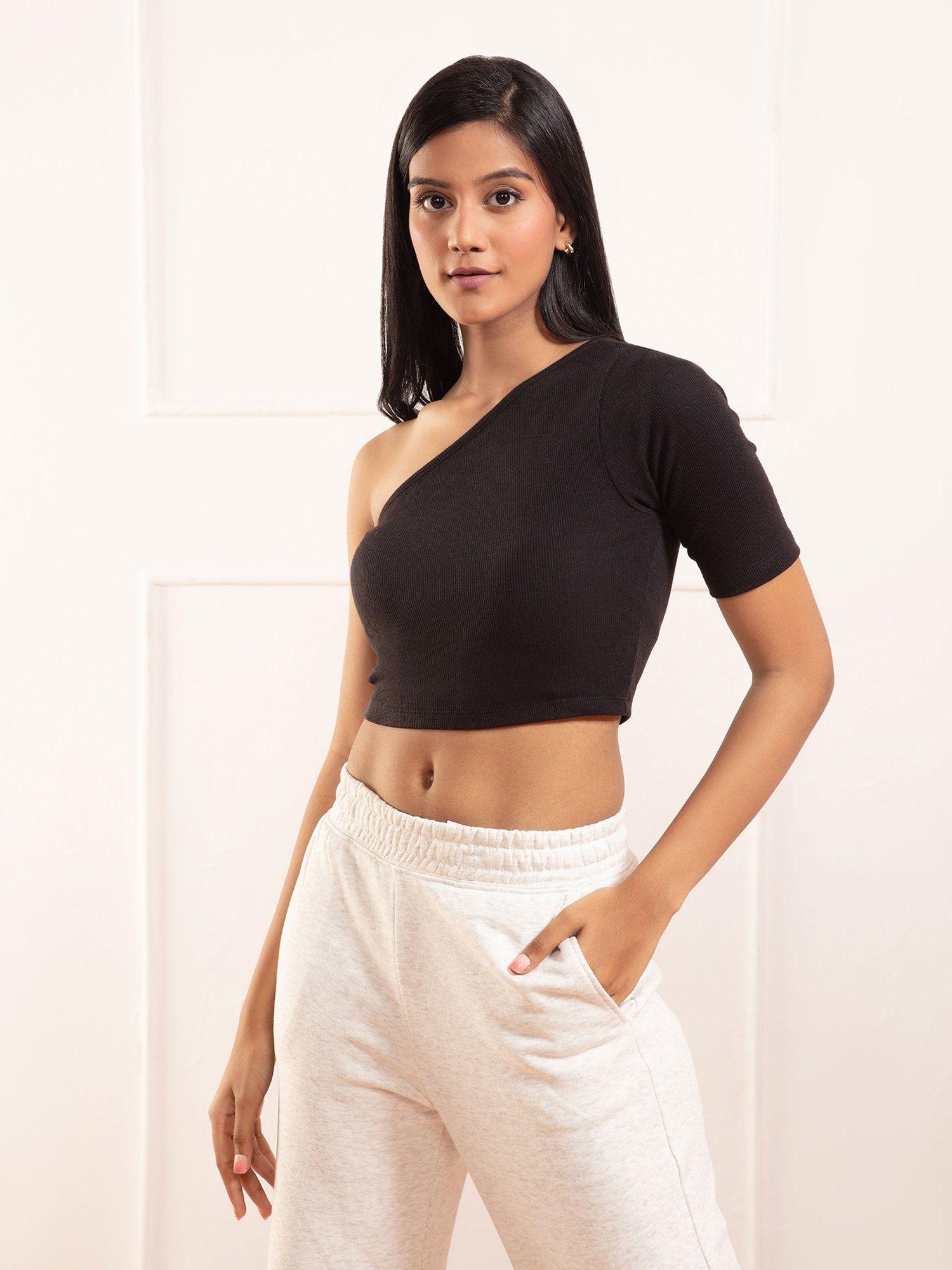 off shoulder crop top- nyoe09 jet black