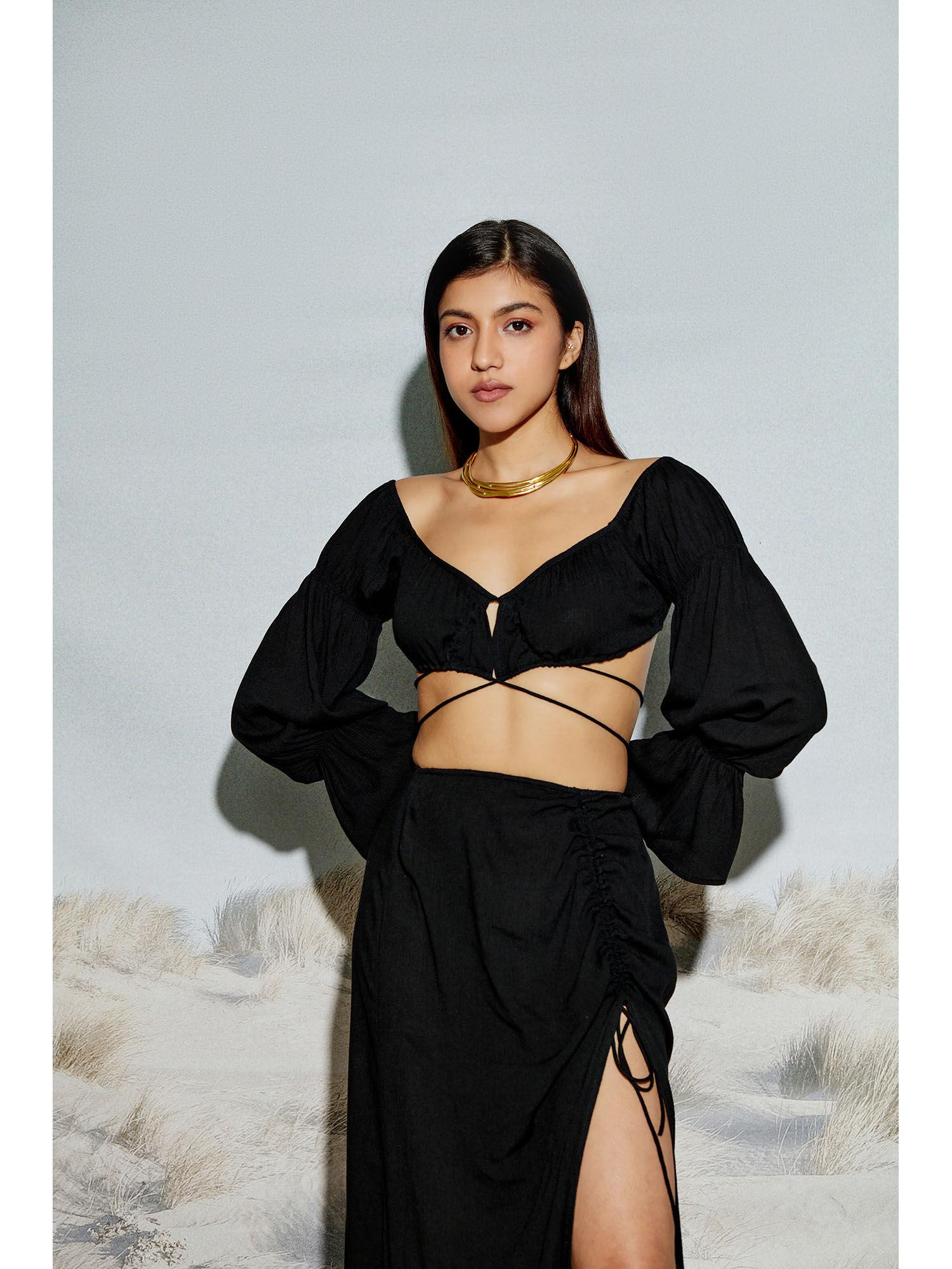 off shoulder crop top with crossover drawstring detail