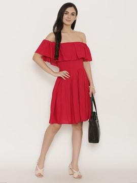 off-shoulder dress with box pleats