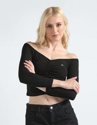 off shoulder gathering crop top