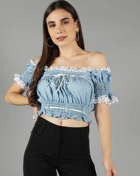 off-shoulder ruched fitted crop top