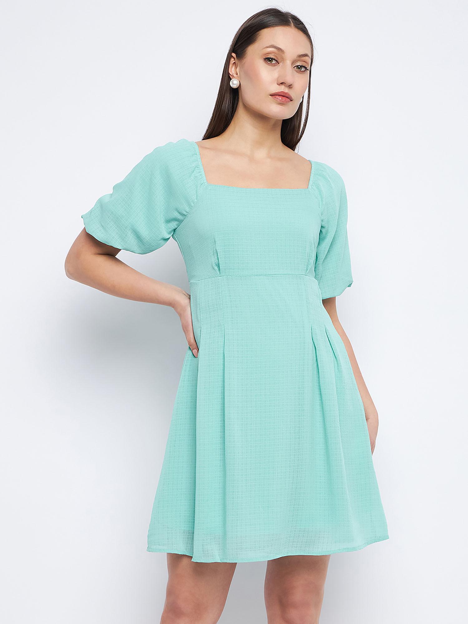 off-shoulder sea green chequered dress