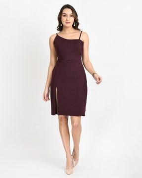 off-shoulder sheath dress with front slit