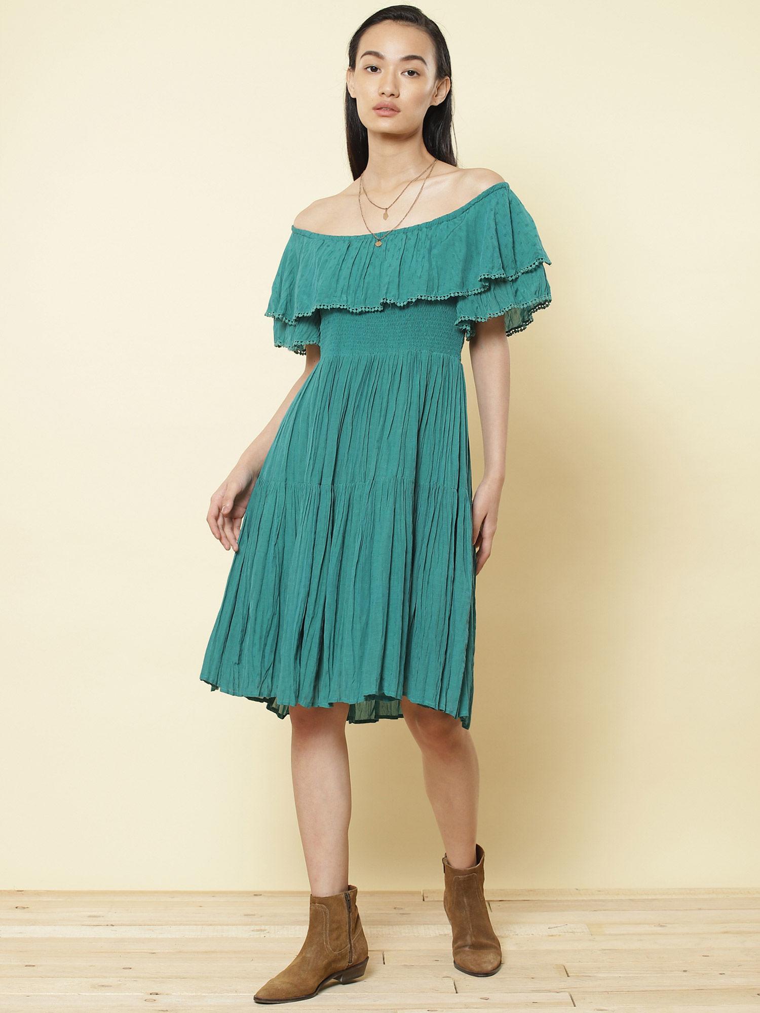 off shoulder short sleeves solid short dress