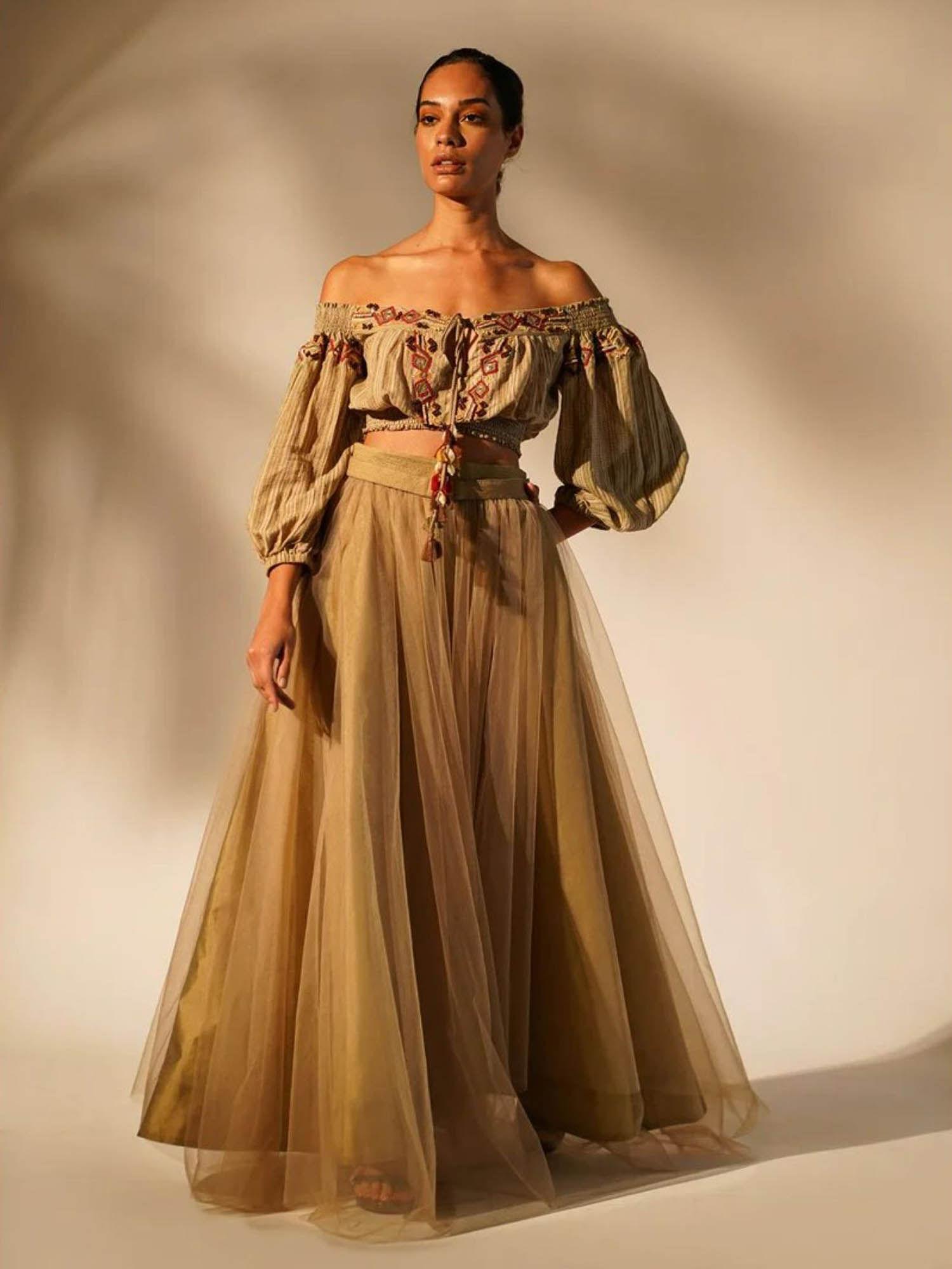 off shoulder tan with hand thread and wooden embellishment