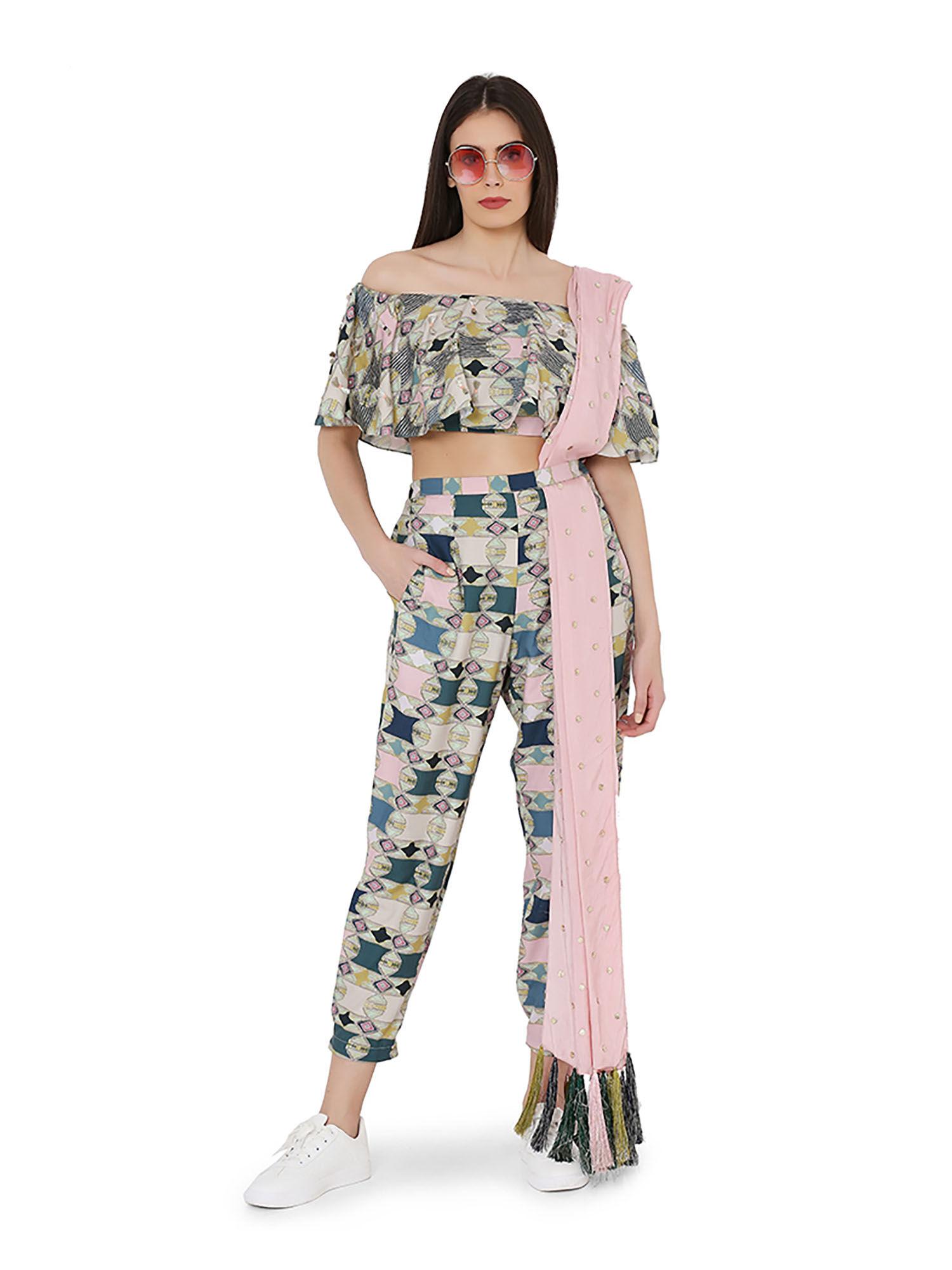 off shoulder top with jogger pant and mukaish dupatta (set of 3)