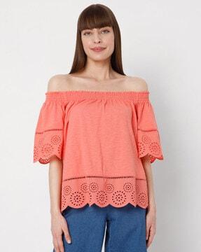 off-shoulder top with schiffli embroidery