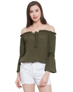 off-shoulder top with tie-up & ruffled panels