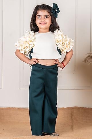 off-white & emerald green scuba co-ord set for girls