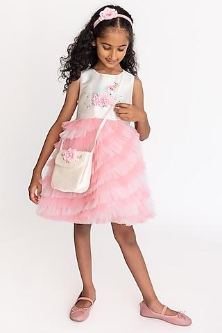 off-white & light pink soft cotton embroidered dress for girls