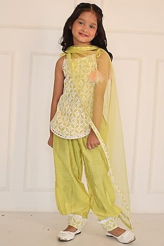 off-white & lime green embroidered kurta set for girls