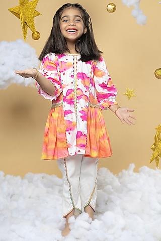 off-white & orange cotton satin clouds printed kurta set for girls