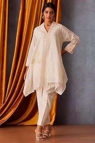 off-white chanderi sequins embroidered asymmetric tunic set